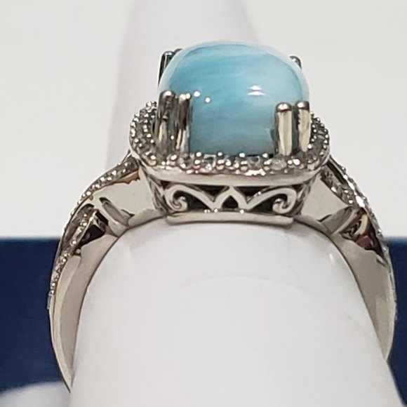 Larimar & White Zircon split shank halo ring Platinum over 925 Sterling 8 cts - Picture 5 of 5
